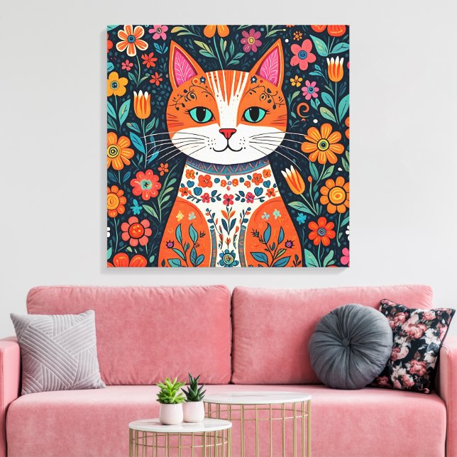 Whimsical Folk Art Cat and Flowers Canvas Print (Insitu(LivingRoom))