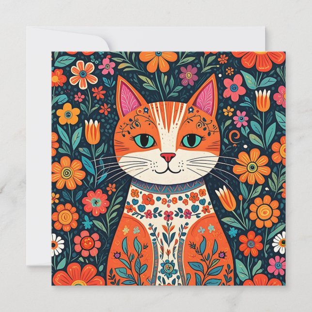 Whimsical Folk Art Cat and Flowers Card (Front)