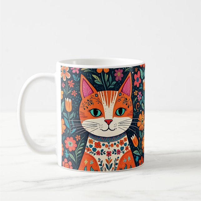 Whimsical Folk Art Cat and Flowers Coffee Mug (Left)