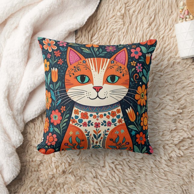 Whimsical Folk Art Cat and Flowers Cushion (Blanket)