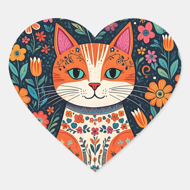 Whimsical Folk Art Cat and Flowers Heart Sticker (Front)