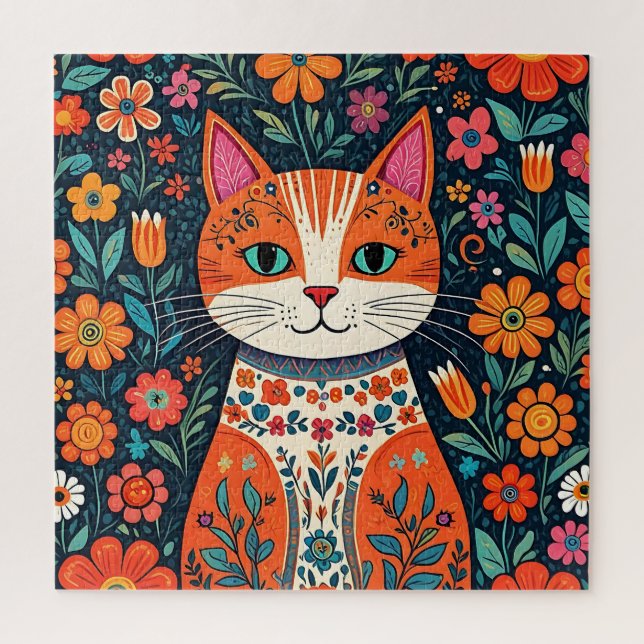 Whimsical Folk Art Cat and Flowers Jigsaw Puzzle (Vertical)