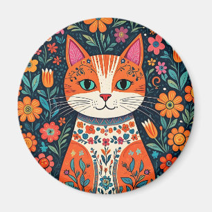 Whimsical Folk Art Cat and Flowers Magnet