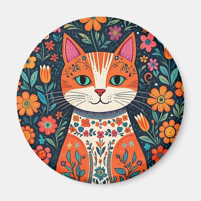 Whimsical Folk Art Cat and Flowers Magnet (Front)