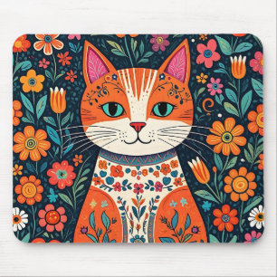 Whimsical Folk Art Cat and Flowers Mouse Mat