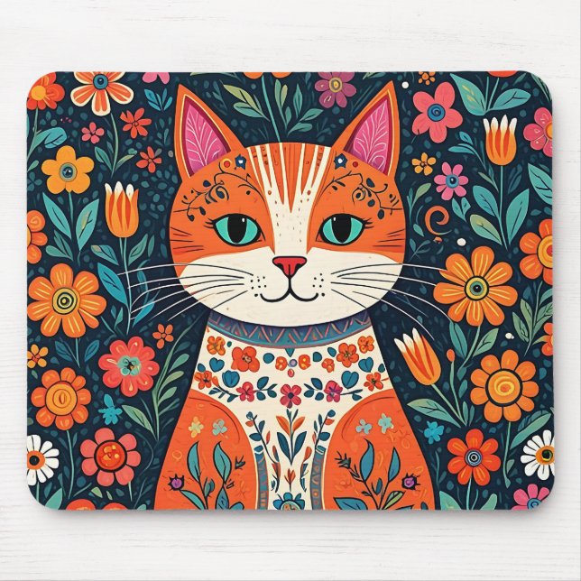 Whimsical Folk Art Cat and Flowers Mouse Mat (Front)