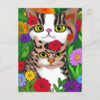 Whimsical Folk Art Cat and Flowers