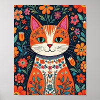 Whimsical Folk Art Cat and Flowers