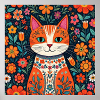 Whimsical Folk Art Cat and Flowers