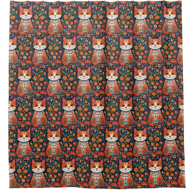 Whimsical Folk Art Cat and Flowers Shower Curtain (Front)