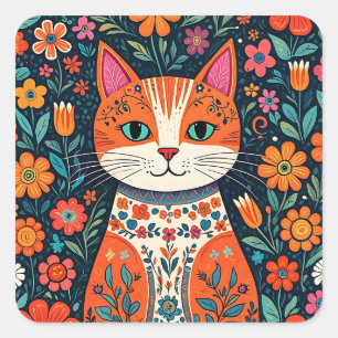 Whimsical Folk Art Cat and Flowers Square Sticker