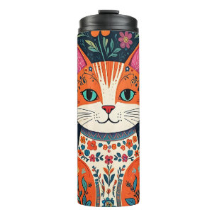 Whimsical Folk Art Cat and Flowers Thermal Tumbler
