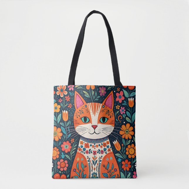 Whimsical Folk Art Cat and Flowers Tote Bag (Front)