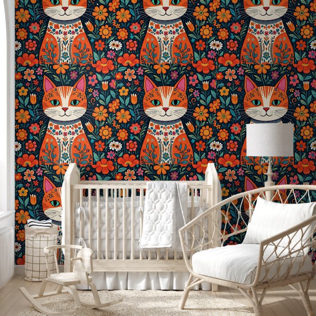 Whimsical Folk Art Cat and Flowers Wallpaper (Kids)