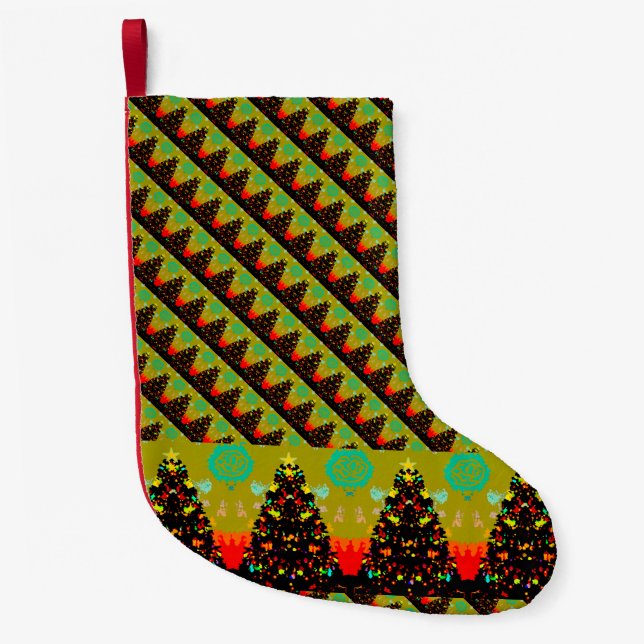 Whimsical Folk Art Christmas Tree Fun Small Christmas Stocking (Front)