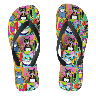 Whimsical Folk Art Colourful Cats Flip Flops