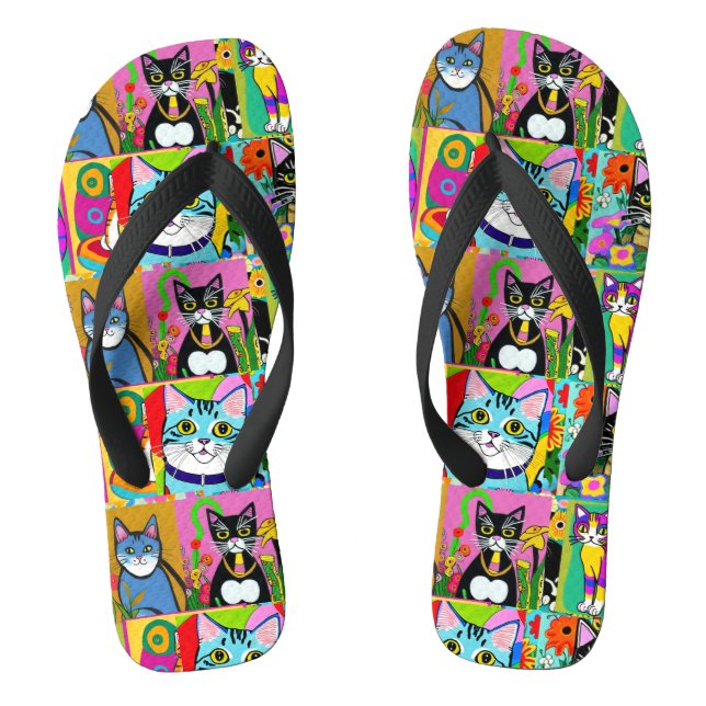 Whimsical Folk Art Colourful Cats Flip Flops (Footbed)