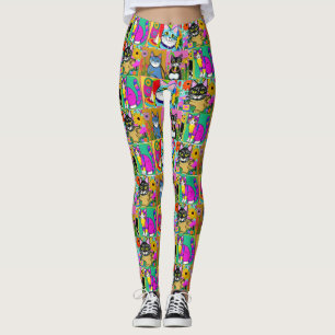 Whimsical Folk Art Colourful Cats Leggings