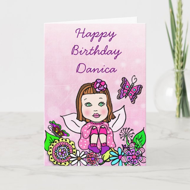 Whimsical Folk Art Fairy Girl Happy Birthday Card (Front)