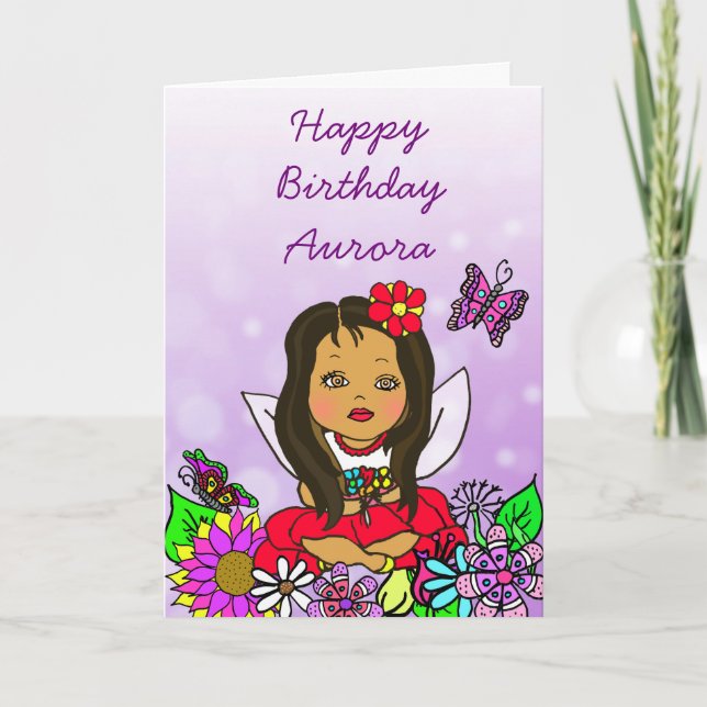 Whimsical Folk Art Fairy Girl Happy Birthday Card (Front)