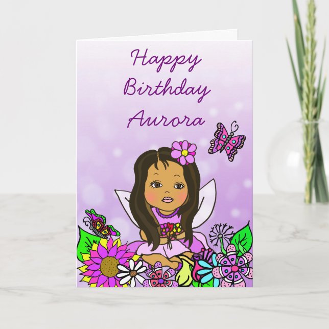 Whimsical Folk Art Fairy Girl Happy Birthday Card (Front)