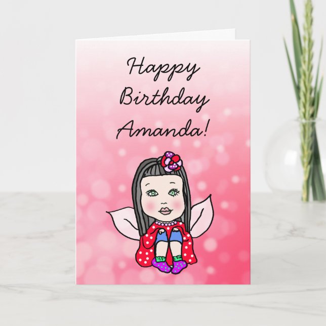 Whimsical Folk Art Fairy Girl Happy Birthday Card (Front)