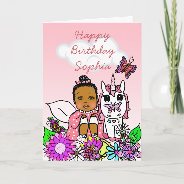 Whimsical Folk Art Fairy Girl Happy Birthday Card (Front)