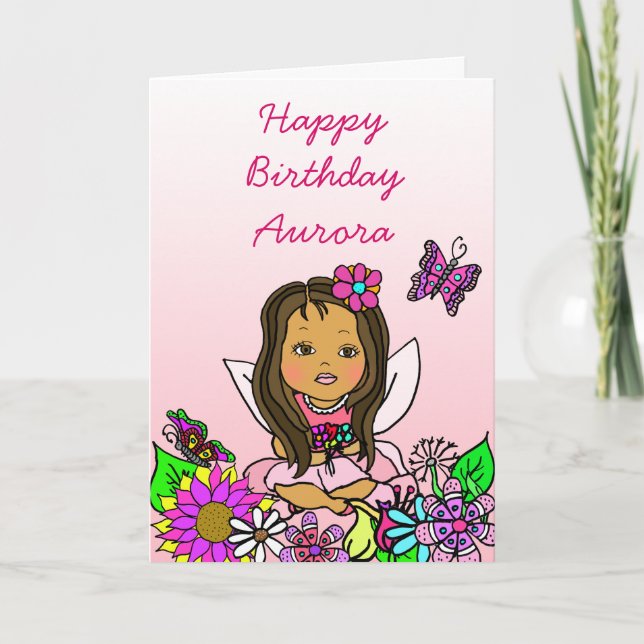 Whimsical Folk Art Fairy Girl Happy Birthday Card (Front)