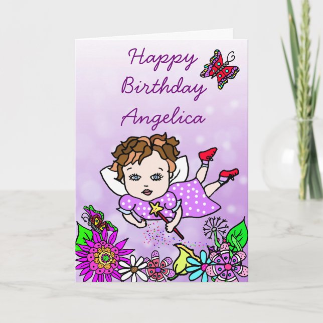 Whimsical Folk Art Fairy Girl Happy Birthday Card (Front)
