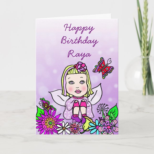 Whimsical Folk Art Fairy Girl Happy Birthday Card (Front)