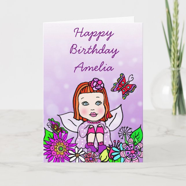 Whimsical Folk Art Fairy Girl Happy Birthday Card (Front)