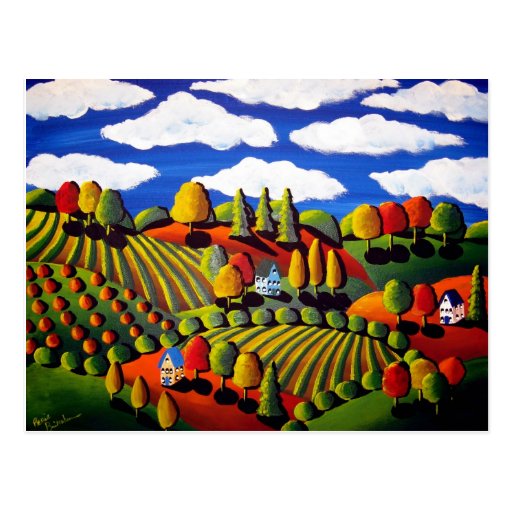 Whimsical Folk Art Fall Landscape Post Card | Zazzle