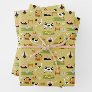 Whimsical Folk Art Farm Animals Seamless Pattern Wrapping Paper Sheet