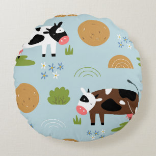 Whimsical Folk Art Farm Cows Seamless Pattern Round Cushion