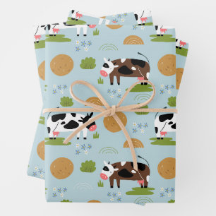 Whimsical Folk Art Farm Cows Seamless Pattern Wrapping Paper Sheet