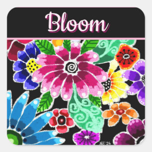 Whimsical Folk-Art Flowers Floral Personalized Square Sticker