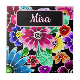 Whimsical Folk-Art Flowers Floral Personalized Tile