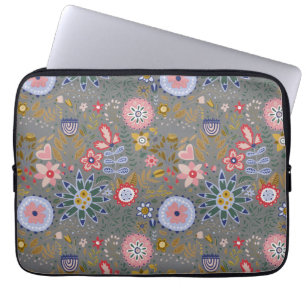 Whimsical Folk Art Flowers Grey Laptop Sleeve