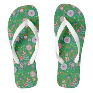 Whimsical Folk Art Flowers on Green Flip Flops