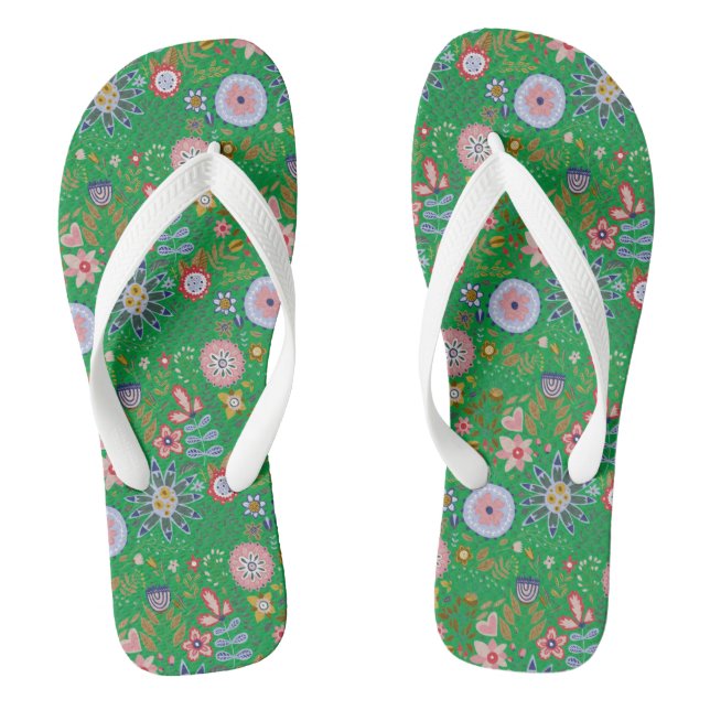 Whimsical Folk Art Flowers on Green Flip Flops (Footbed)
