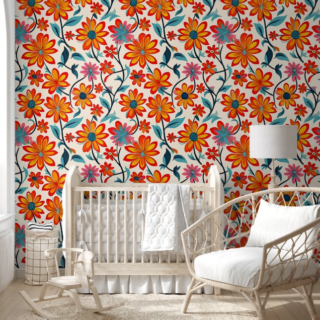 Whimsical Folk Art Flowers  Wallpaper (Kids)