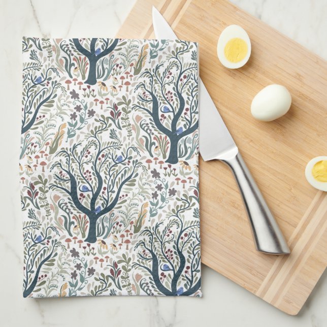 Whimsical Folk Art Forest Earth Tones Tea Towel (Quarter Fold)