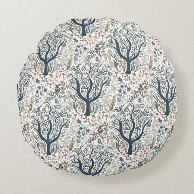 Whimsical Folk Art Forest Round Pillow  (Front)