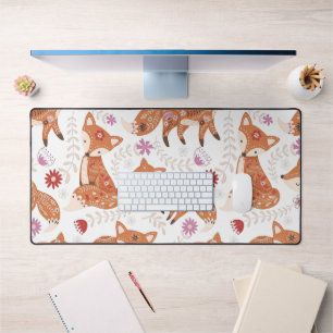 Whimsical Folk Art Fox and Flowers Desk Mat