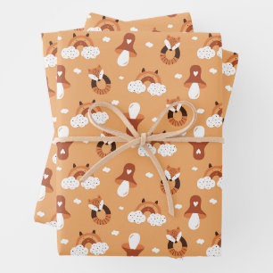 Whimsical Folk Art Fox & Woodland Mushroom Wrapping Paper Sheet