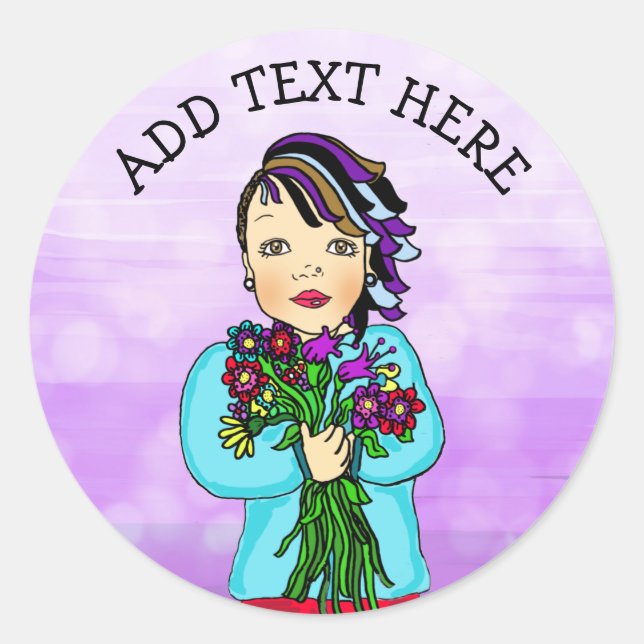 Whimsical Folk Art Girl with Flowers Beautiful Day Classic Round Sticker (Front)
