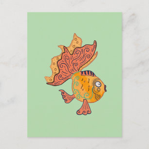 Whimsical Folk Art Goldfish Boho Swirl Fantasy Postcard