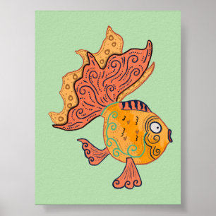 Whimsical Folk Art Goldfish Boho Swirl Fantasy Poster