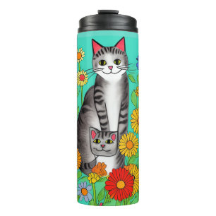 Whimsical Folk Art Grey Cat and Kitten Thermal Tumbler
