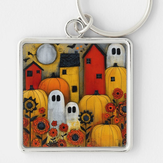Whimsical Folk Art Halloween Patch Key Ring (Front)